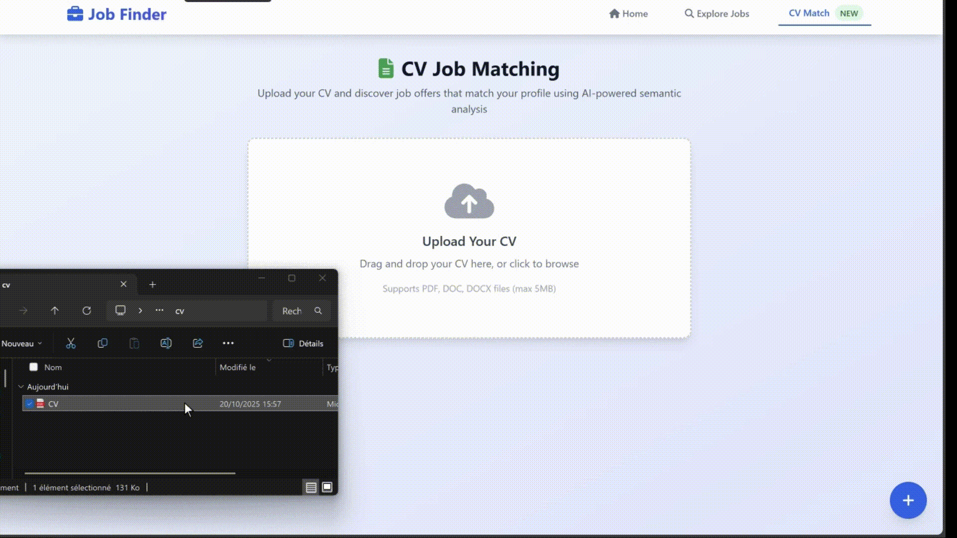 GIF showing drag and drop CV upload and matching results